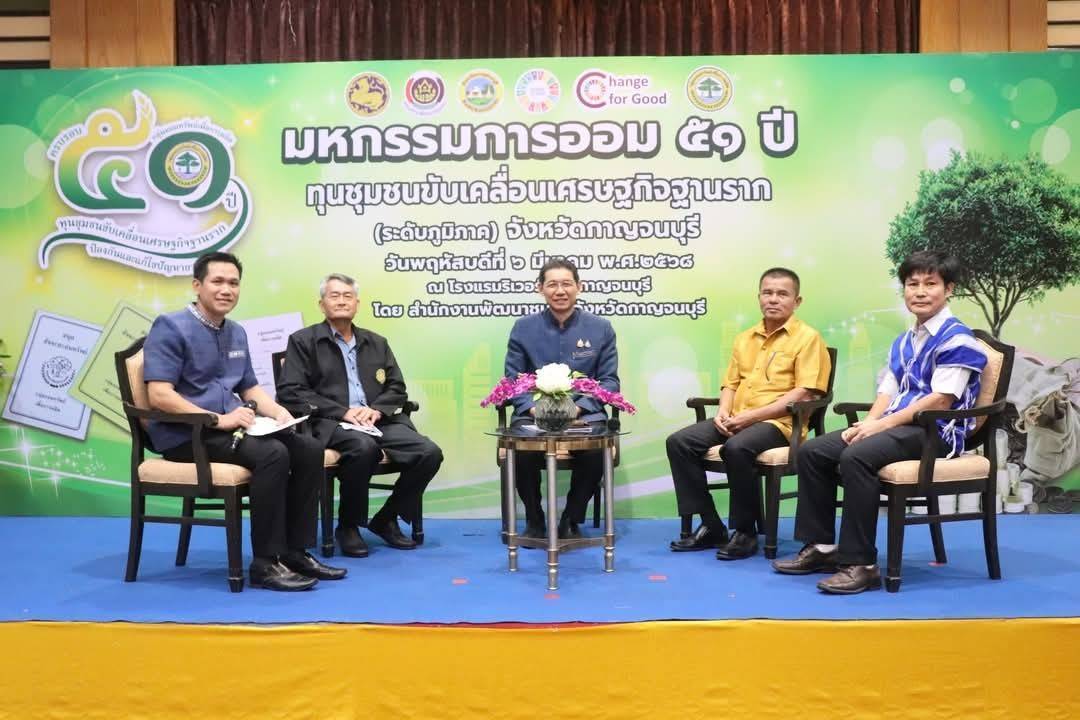 พช.กาญจนบุรี จัดงาน“มหกรรมการออม 51 ปี ทุนชุมชนขับเคลื่อนเศรษฐกิจฐานราก (ระดับภูมิภาค)” จังหวัดกาญจนบุรี เพื่อส่งเสริมให้คนในชุมชนร่วมกันออมเงินและบริหารจัดการในรูปแบบคณะกรรมการด้วยหลักธรรมาภิบาล เพื่อสร้างแหล่งเงินทุน ยกระดับคุณภาพชีวิตของประชาชน